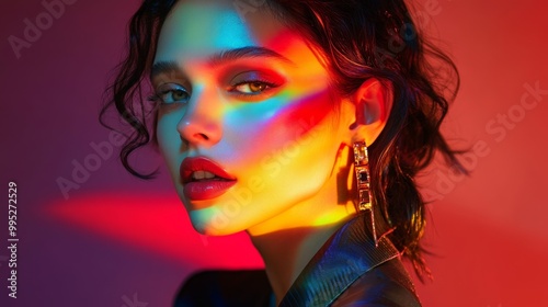 A fashionable woman with rainbow-like light reflecting across her face, her sharp features and chic outfit in contrast with the vibrant colors