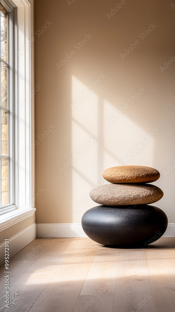 Modern interior with stacked decorative stones near large window showcasing natural light during the day Modern interior with stacked decorative stones near large window showcasing natural light during the day