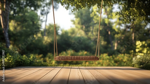 3D render featuring a classic wooden terrace with a hanging wicker swing and a softly blurred nature backdrop photo