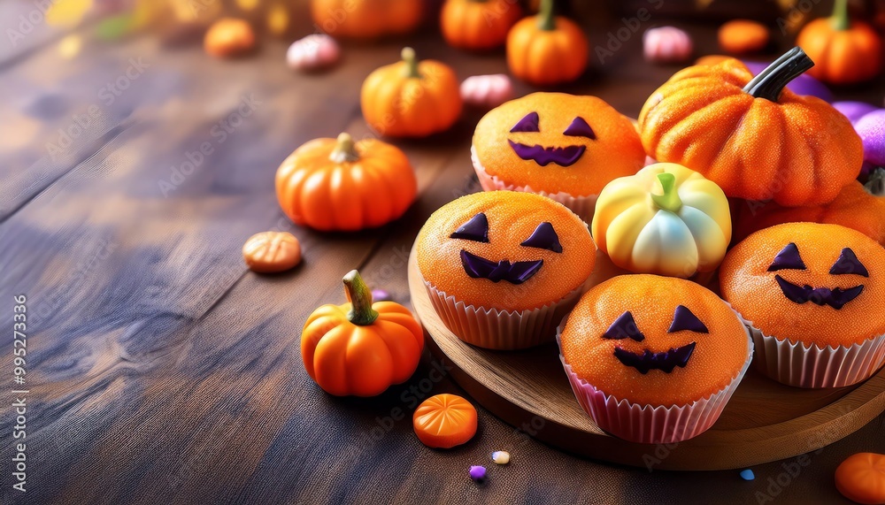 Festive Halloween-themed cupcakes decorated with pumpkin faces, surrounded by vibrant mini pumpkins on a rustic wooden table. Festive Halloween-themed cupcakes decorated with pumpkin faces, surrounded by vibrant mini pumpkins on a rustic wooden table.