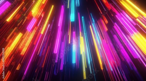 3D render featuring an abstract background with a colorful spectrum of neon rays and glowing lines, creating a vivid and electrifying scene photo