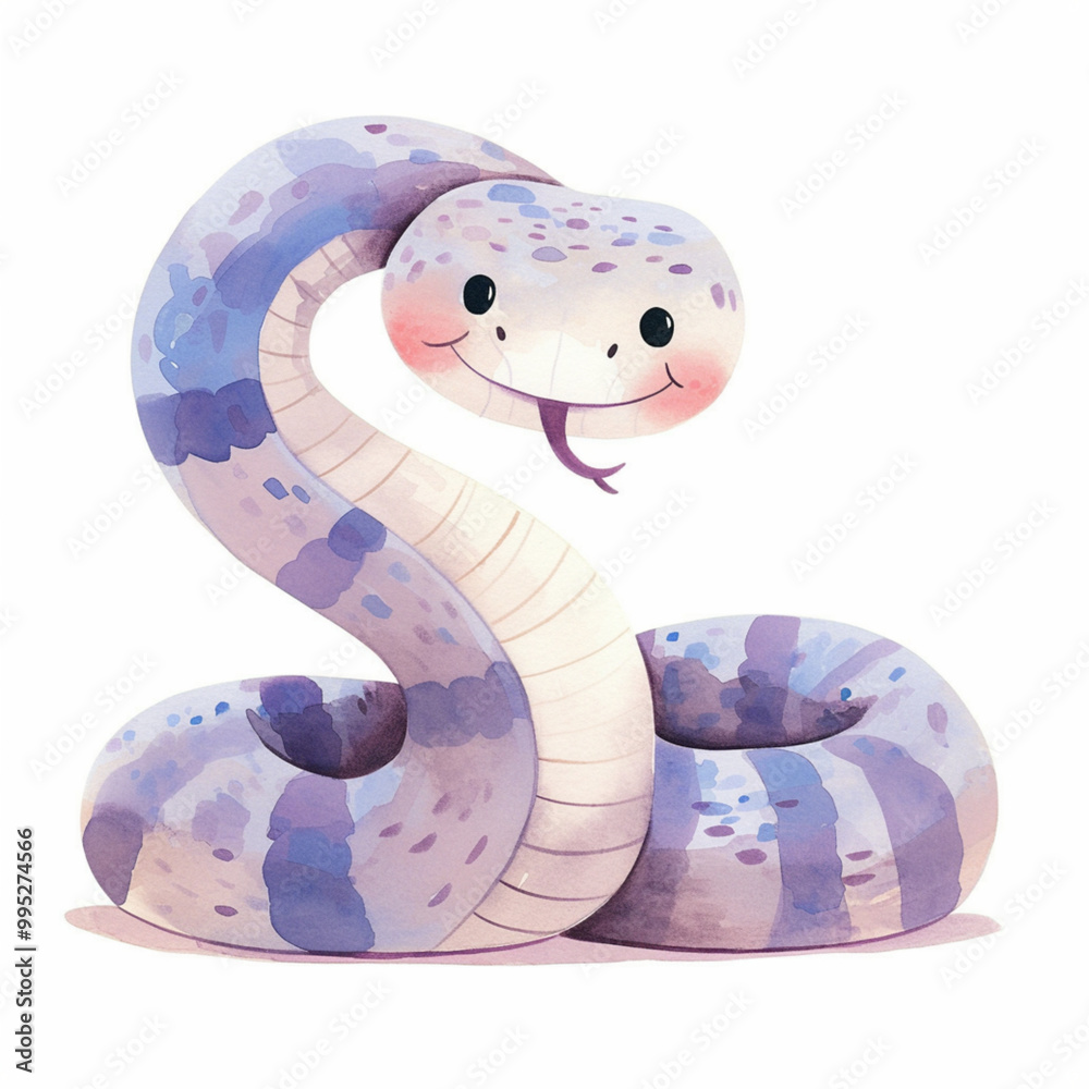 Fototapeta premium Cute snake sideways, flat vector illustration in watercolor style, white background 