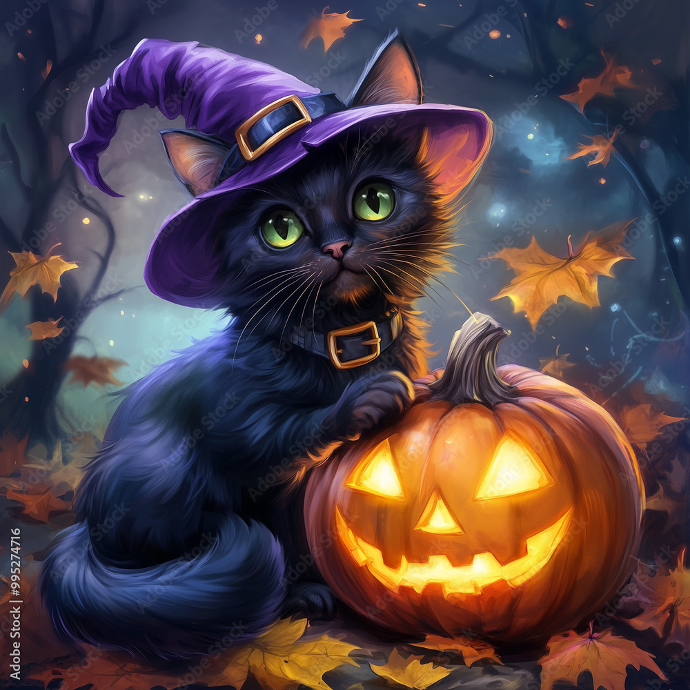 Halloween Black Cat with Witch Hat and Glowing Pumpkin Halloween Black Cat with Witch Hat and Glowing Pumpkin