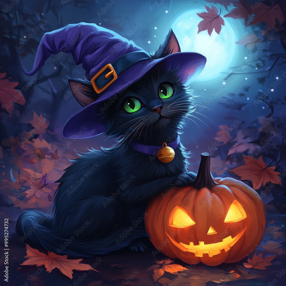 Halloween Black Cat with Witch Hat and Glowing Pumpkin