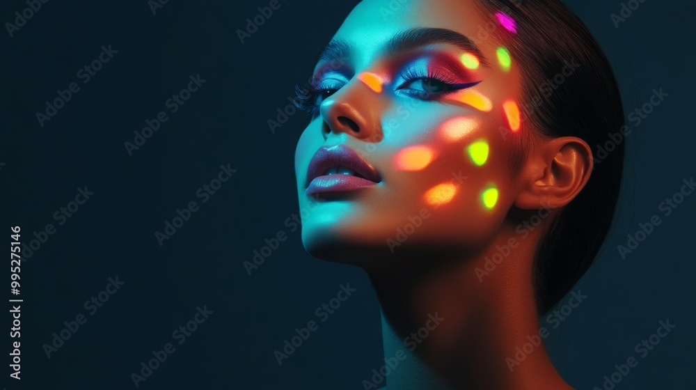 A striking woman with multicolor highlights on her face, wearing bold, high-fashion makeup, her expression serene and confident A striking woman with multicolor highlights on her face, wearing bold, high-fashion makeup, her expression serene and confident