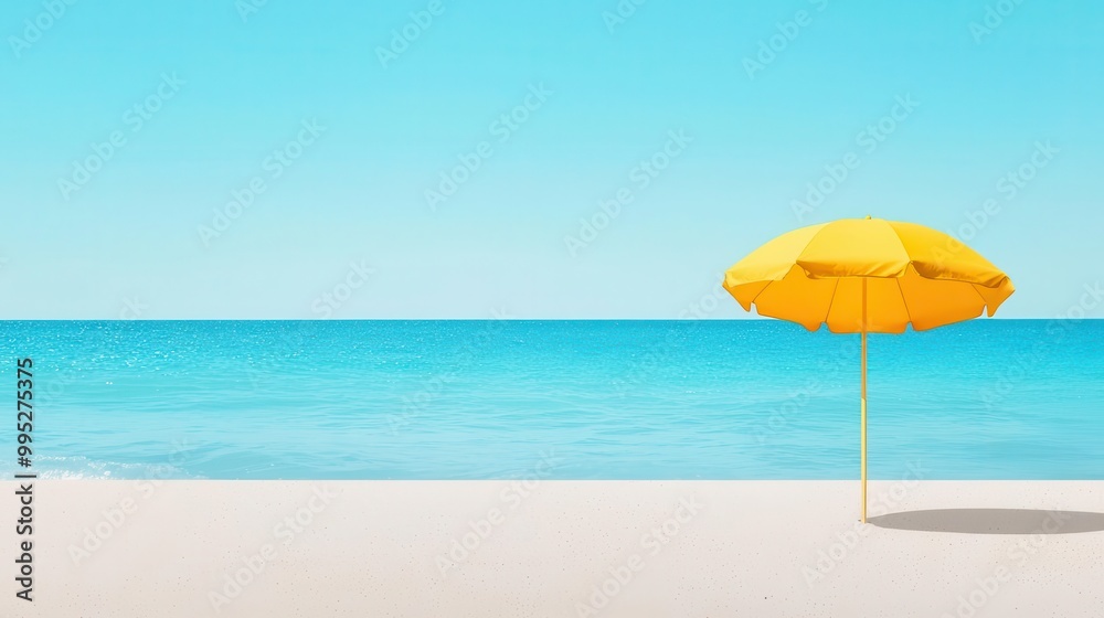 Yellow umbrella on a serene beach with clear blue skies and calm ocean waves. Yellow umbrella on a serene beach with clear blue skies and calm ocean waves.