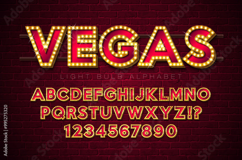 Light Bulb Alphabet with Gold Frame and Shadow on Vintage Brick Wall Background. Glowing Retro Vector Font Collection with Shiny Bright Lights. ABC and Number Design for Casino, Night Club or Cinema