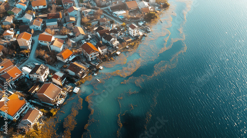 Aerial view of a coastal town with tsunami evacuation routes visible, bright clear weather, focus on safety measures and infrastructure, informative and precautionary scene