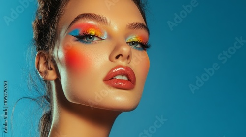 A striking woman with multicolor highlights on her face, wearing bold, high-fashion makeup, her expression serene and confident