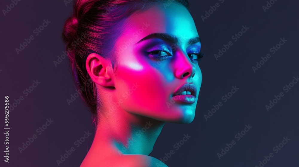 custom made wallpaper toronto digitalA trendy woman with subtle pink, purple, and blue highlights illuminating her face, giving her a soft yet bold presence
