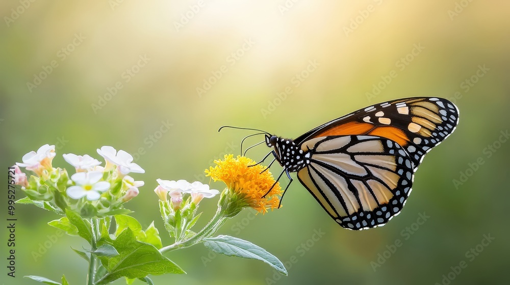 Fototapeta premium A stunning butterfly rests on a vibrant flower, capturing the essence of nature's beauty. The soft background enhances the colorful details of this serene scene.