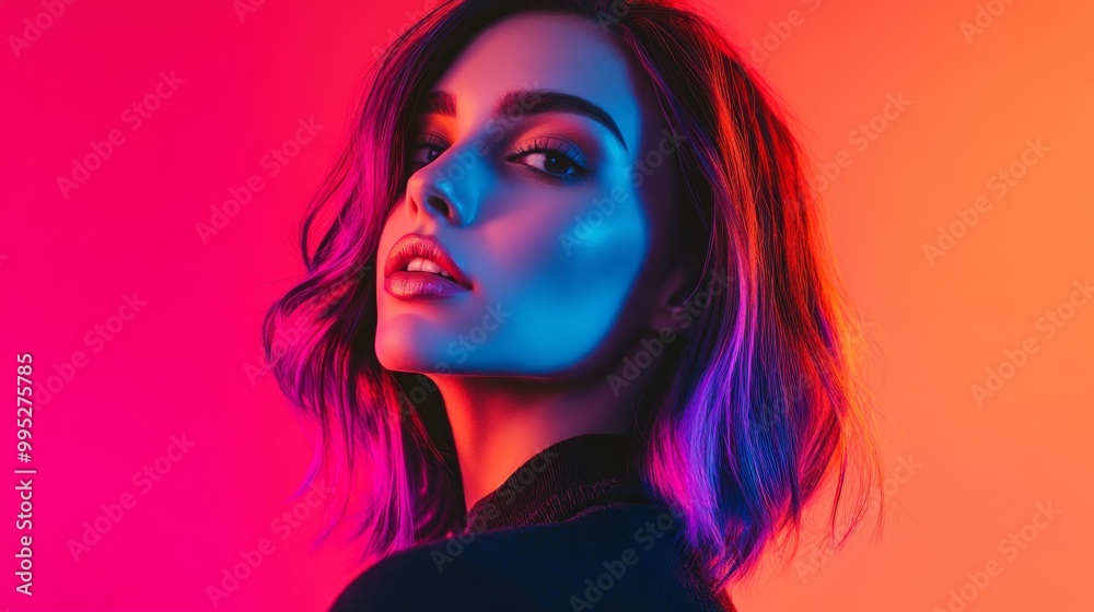 A trendy woman with subtle pink, purple, and blue highlights illuminating her face, giving her a soft yet bold presence