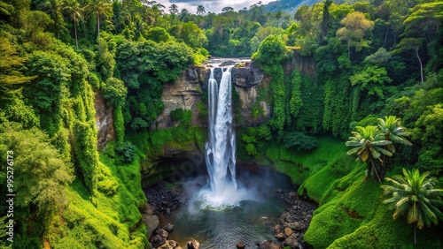 description: A majestic waterfall in the heart of the Bali jungle seen from above