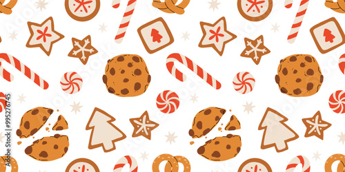 Gingerbread trees, stars with candy canes and sweets on white background. Seamless vector pattern for new year and Christmas holidays, cooking, new years eve background.