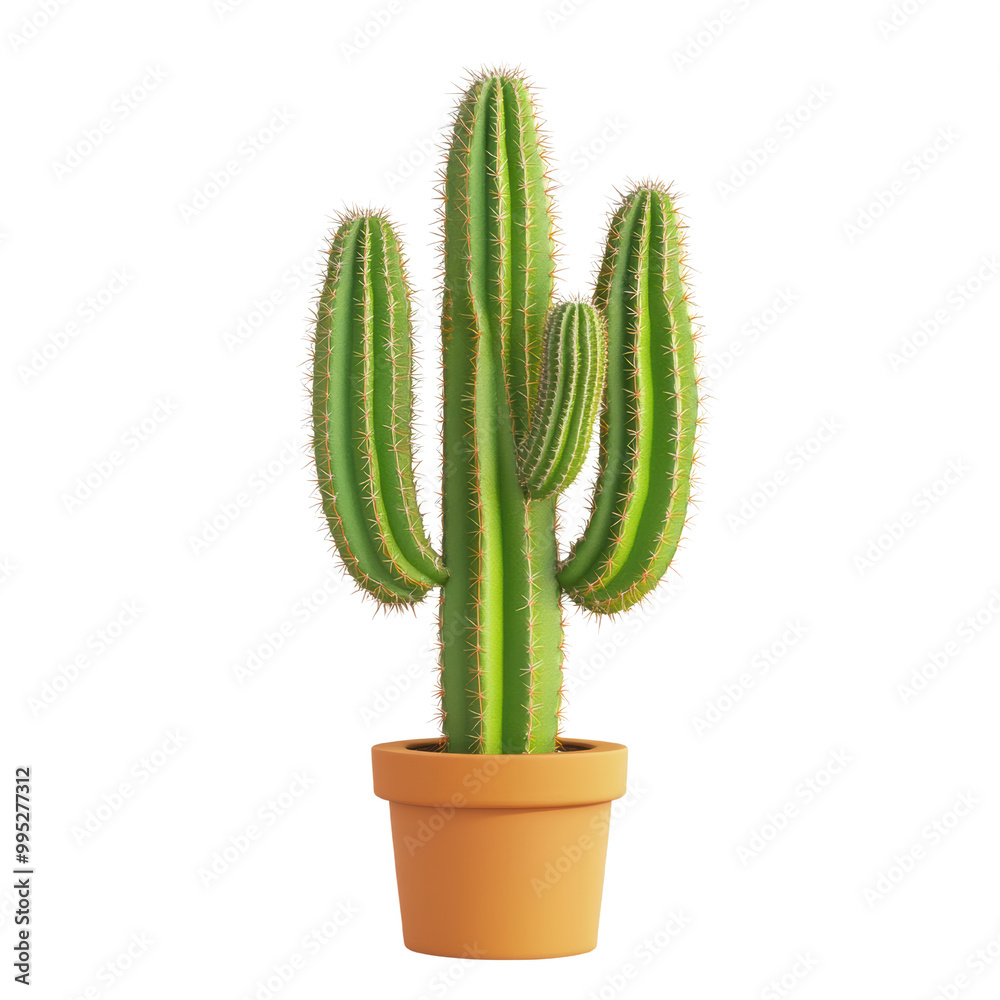 Cactus in Pot with Vibrant Green Stems on Transparent Background