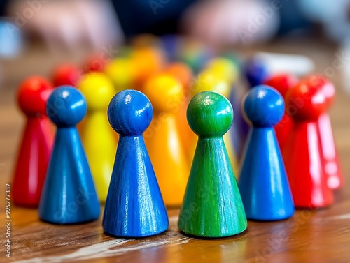 Colorful game pieces in same shape but different colors, board game and society related photo