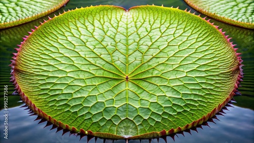 Detailed close-up of symmetrical prickly waterlily Euryale ferox leaf photo