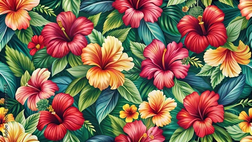 Detailed hibiscus flowers seamless pattern