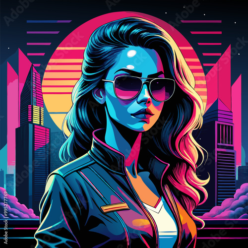 Portrait of a young European woman in 80's style.Neon vector print for printing on clothes or paper