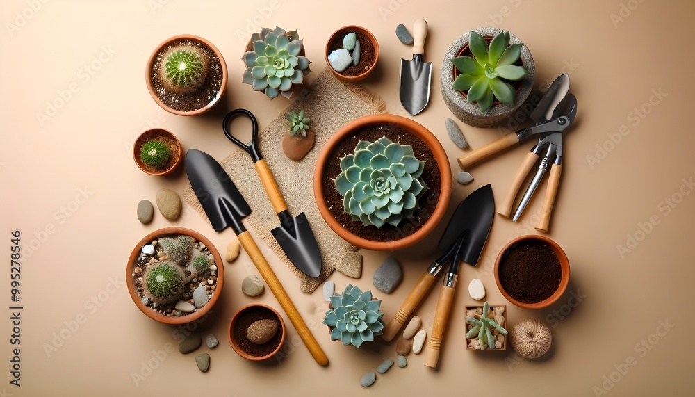 Succulent, gardening tools and pots with soil and stones on beige background. Top view Succulent, gardening tools and pots with soil and stones on beige background. Top view