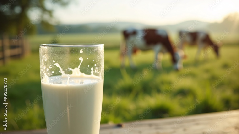 Glass of milk on the table with cow in background Glass of milk on the table with cow in background