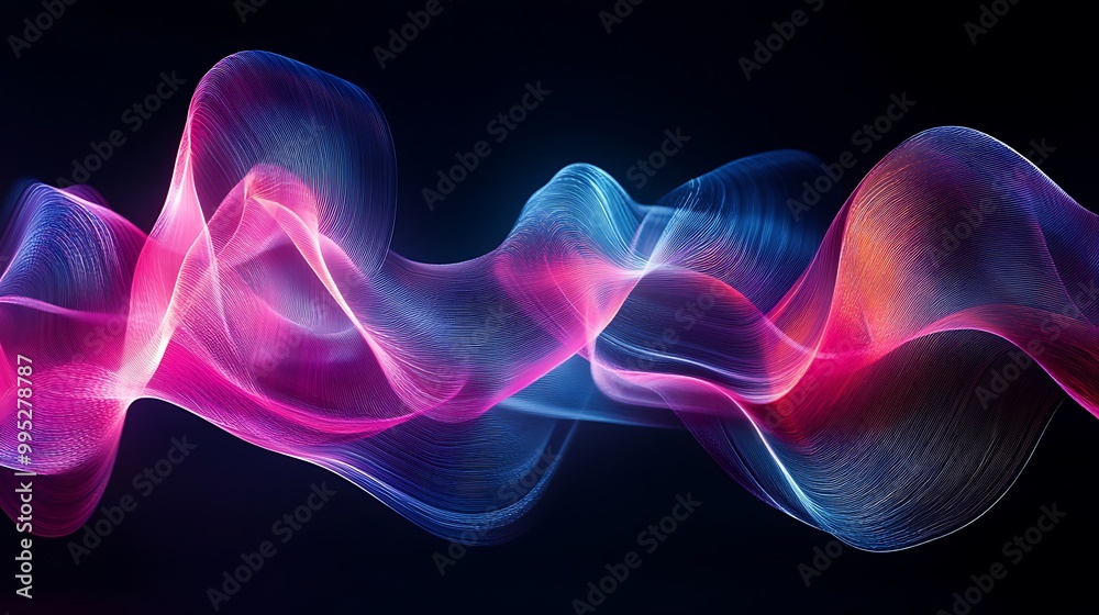 Fototapeta premium Flowing pink and blue waves illustration wallpaper background in against total black, 3d rendered futuristic backdrop