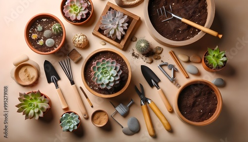 Succulent, gardening tools and pots with soil and stones on beige background. Top view