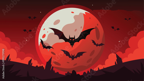 Print Bats Flying Across a Blood Red Moon Halloween Background Vector Illustration for Spooky Night Designs