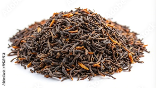 Dried orange grains of black tea plant on white background