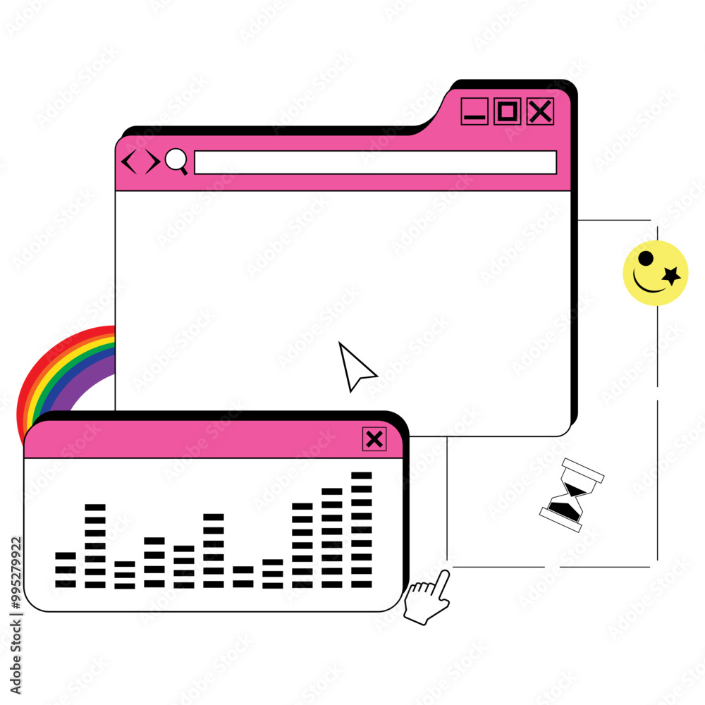 Retro browser computer window in 90s vaporwave style with smile face ...