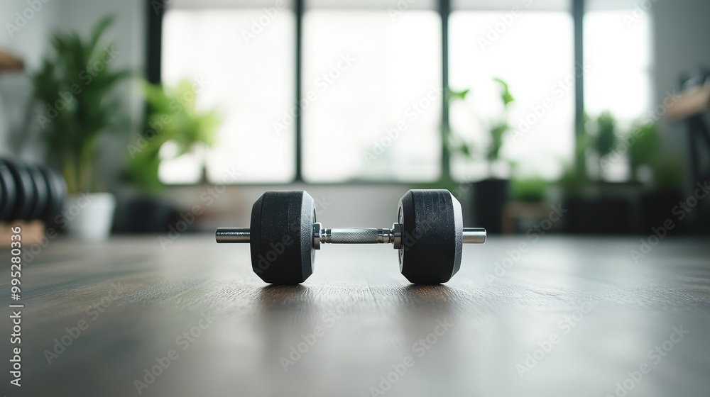 Dumbbell on floor in modern gym setting Dumbbell on floor in modern gym setting