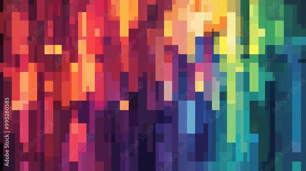 Abstract rainbow pixel art in digital format. Modern design with bright, vivid colors arranged in a striking, geometric pattern on a transparent background Abstract rainbow pixel art in digital format. Modern design with bright, vivid colors arranged in a striking, geometric pattern on a transparent background