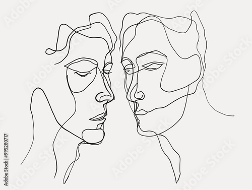 One-Line Drawing of Two Interconnected Faces: Interconnection of Interviewer and Applicant