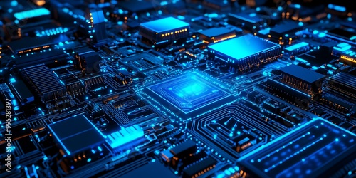 Technological background design of data processor with blue design lights