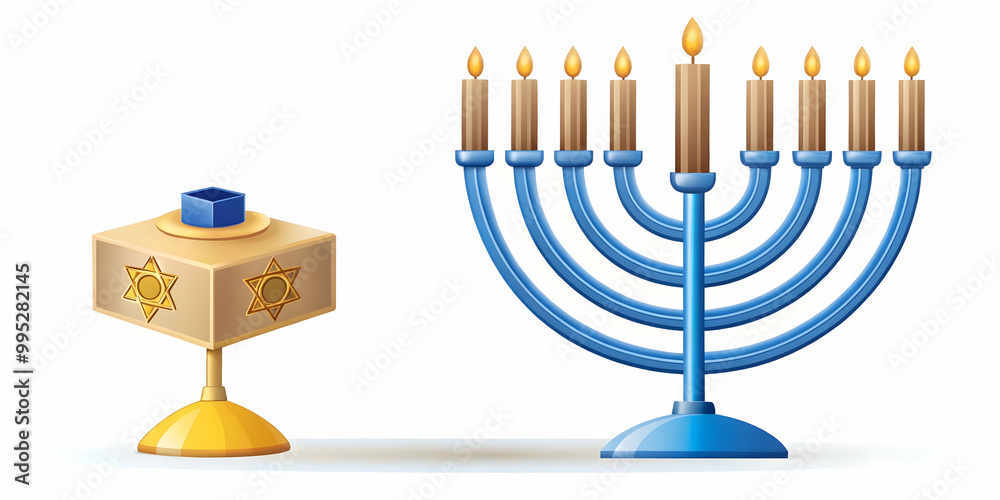 Flat Isolated Menorah and Dreidel Combination on White Background - Ideal for Infographics with Symbolic Elements, Medium Shot Focus, Simple Vector Illustration Flat Isolated Menorah and Dreidel Combination on White Background - Ideal for Infographics with Symbolic Elements, Medium Shot Focus, Simple Vector Illustration