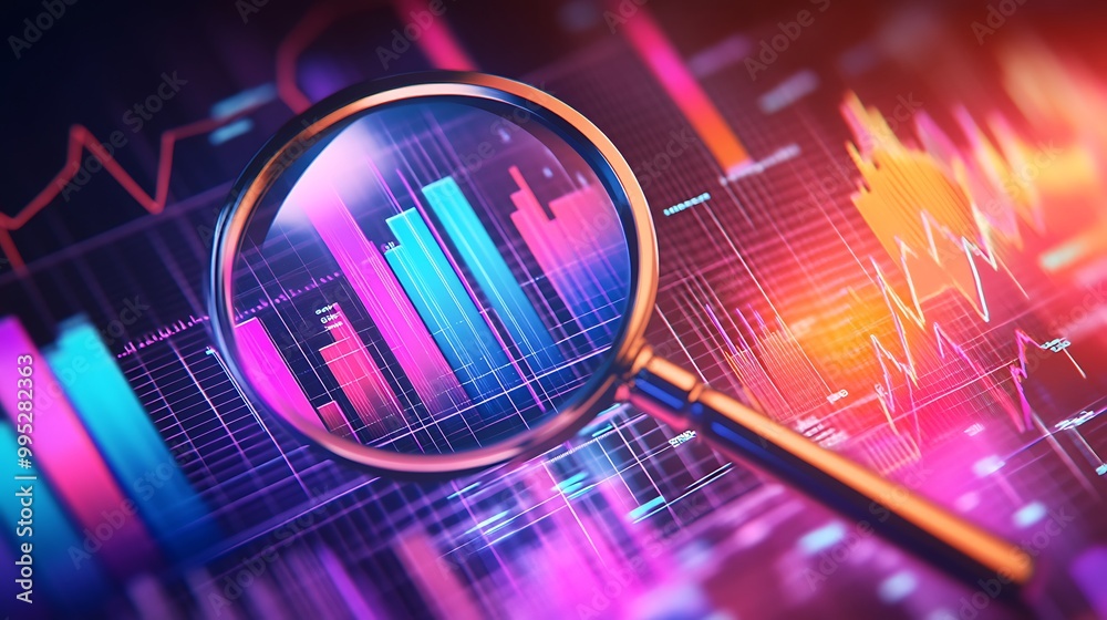Magnifying glass with colorful background graphs, pink and blue abstract business and data related illustration