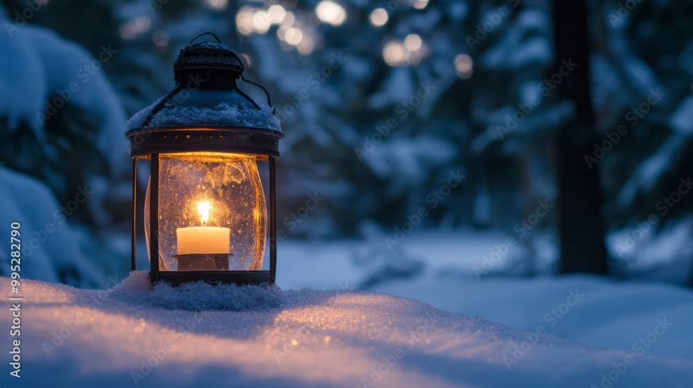 Christmas Lantern in snow with winter forest background. Winter decoration background with Christmas bokeh lights Christmas Lantern in snow with winter forest background. Winter decoration background with Christmas bokeh lights