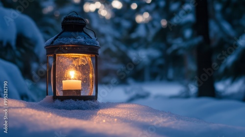 Christmas Lantern in snow with winter forest background. Winter decoration background with Christmas bokeh lights