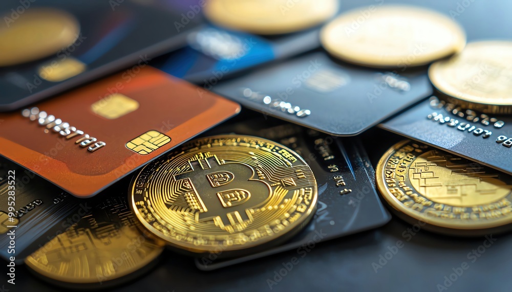 Abstract digital representations of credit cards and coins, symbolizing modern transactions and digital payments Abstract digital representations of credit cards and coins, symbolizing modern transactions and digital payments