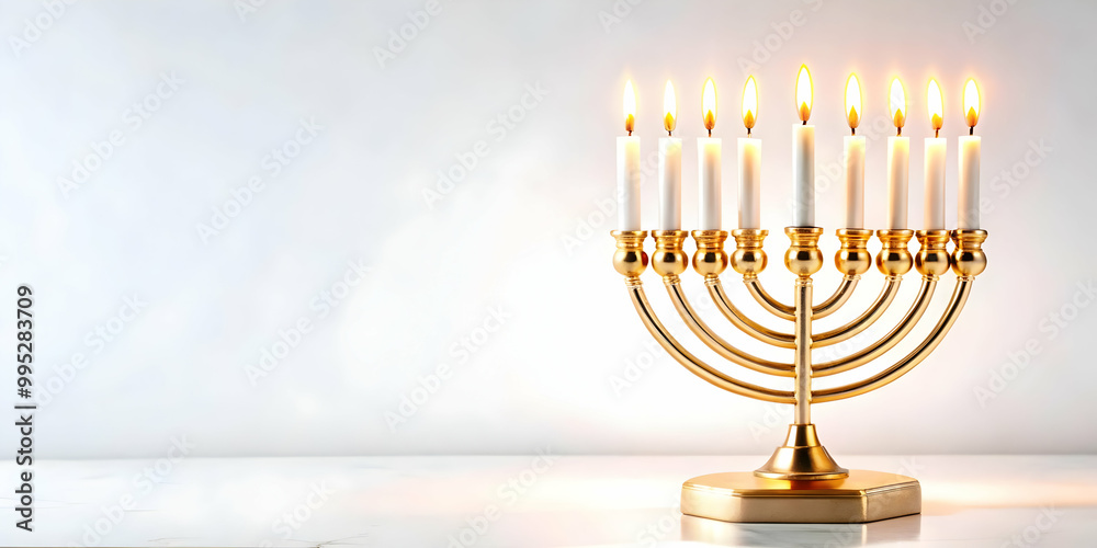 3D Podium with Glowing Hanukkah Candles on Top: Spiritual Design with Copy Space on Base - Medium Shot Focused on Illuminated Candles and Empty Base 3D Podium with Glowing Hanukkah Candles on Top: Spiritual Design with Copy Space on Base - Medium Shot Focused on Illuminated Candles and Empty Base