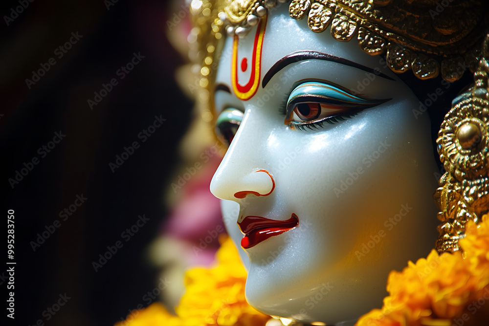 A closeup of a Goddess Durga statue, embellished with intricate gold details A closeup of a Goddess Durga statue, embellished with intricate gold details