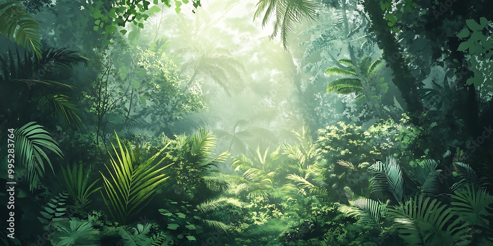 Green forest landscape panting with shine of light through the tree leaves Green forest landscape panting with shine of light through the tree leaves