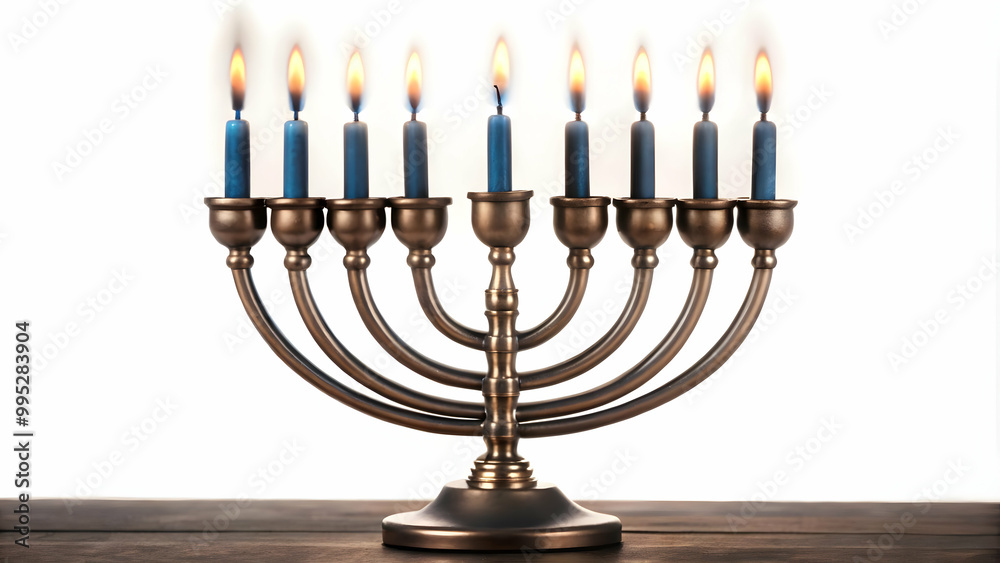 Modern Flat Floating Hanukkah Menorah with Glowing Blue Flames Isolated on White Background - Sleek Design for Contemporary Holiday Themes