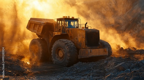 A view of heavy machinery on a construction site with dramatic backlighting from the rising sun, casting long shadows across the ground and highlighting the equipment