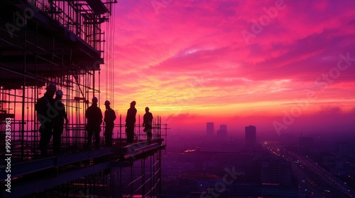 An aerial perspective of a bustling construction site at dawn, where workers are visible in silhouette and the sky is painted with hues of pink and orange, providing a beautiful backlight