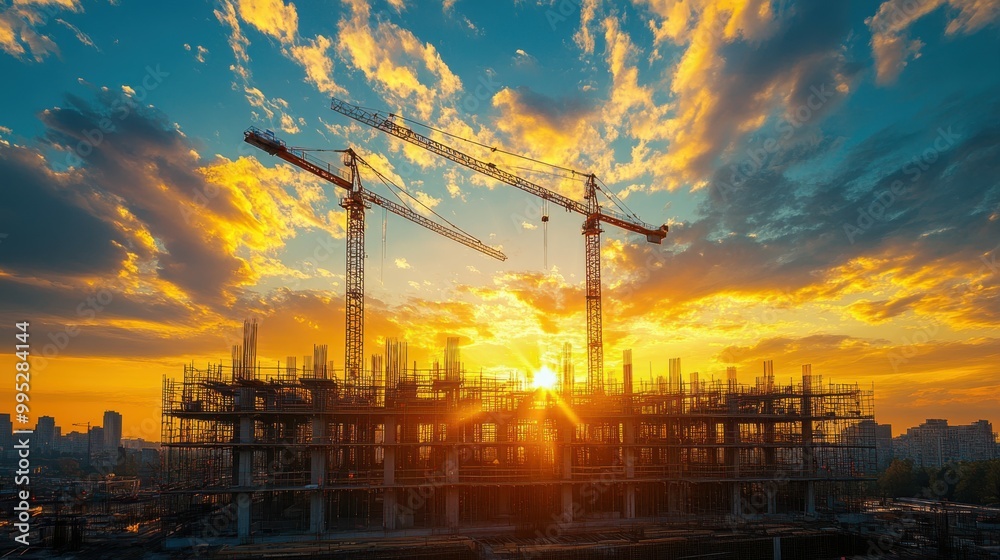 A panoramic view of a construction site with scaffolding and cranes, featuring stunning backlight from the sun peeking through the clouds, casting a golden hue over the entire scene A panoramic view of a construction site with scaffolding and cranes, featuring stunning backlight from the sun peeking through the clouds, casting a golden hue over the entire scene