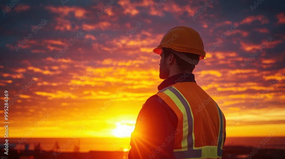 A worker in safety gear standing on a site, looking out towards the horizon with the sun setting behind him, creating a powerful silhouette against the glowing sky A worker in safety gear standing on a site, looking out towards the horizon with the sun setting behind him, creating a powerful silhouette against the glowing sky