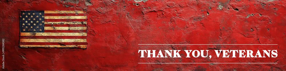 Weathered flag on red backdrop with gratitude message