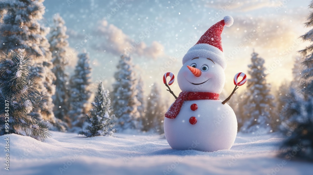 Obraz premium A snowman in a scenic snowy forest with pine trees surrounding it, decorated with festive accessories like a Christmas hat and candy cane arms