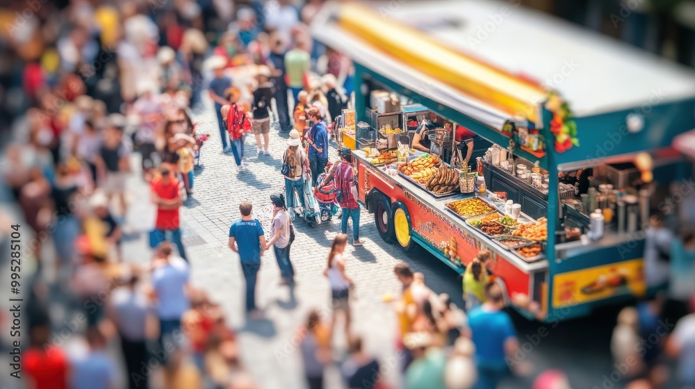 Obraz premium food truck at crowded outdoor city festival serving customers selective focus photo